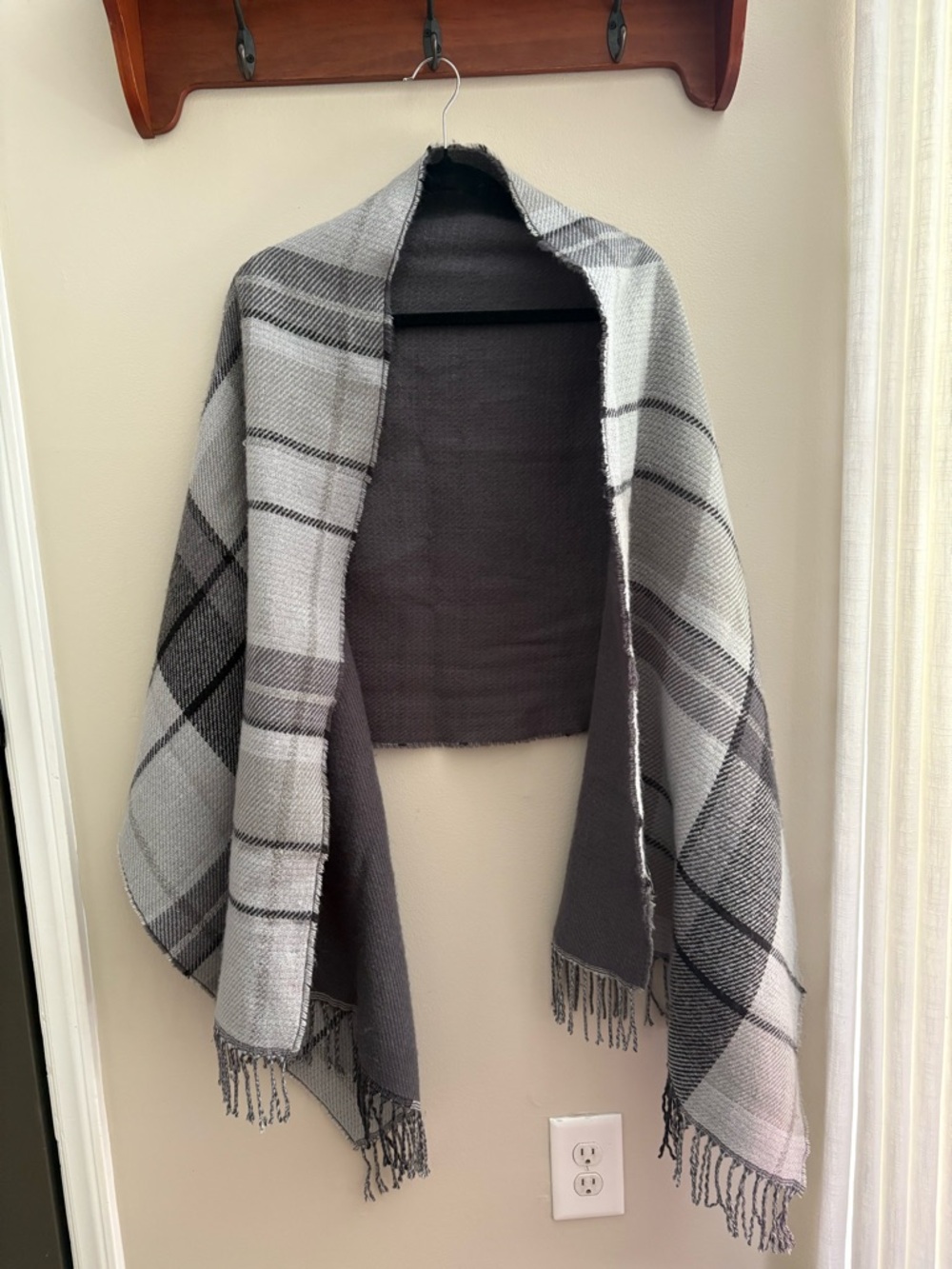 Gray Plaid Fringe Shawl Wrap
